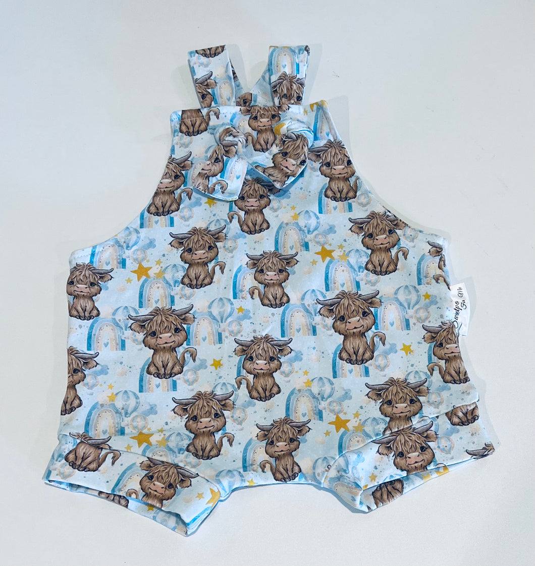 Highland cow baby blue overalls